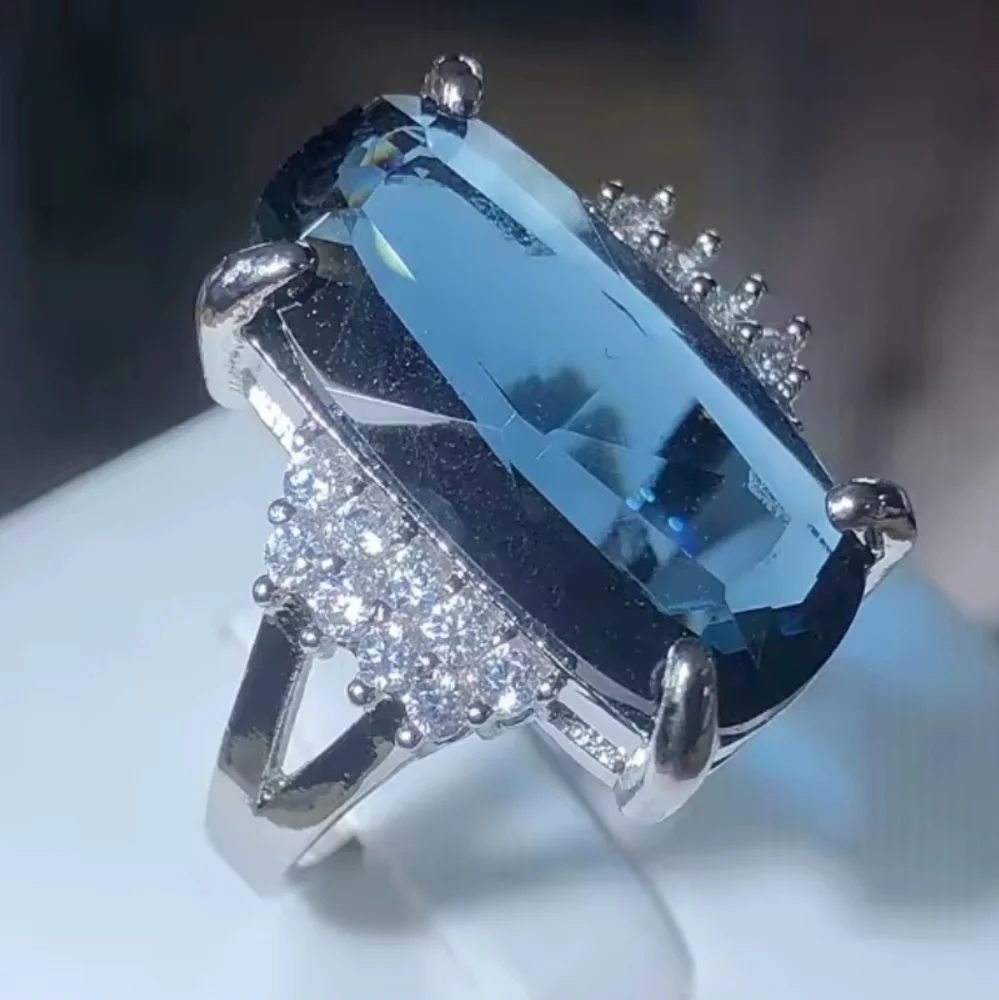 12 Ct 925 Silver Bridal Ring with Deep Blue Lab-created Sapphire Stone Sz 10
